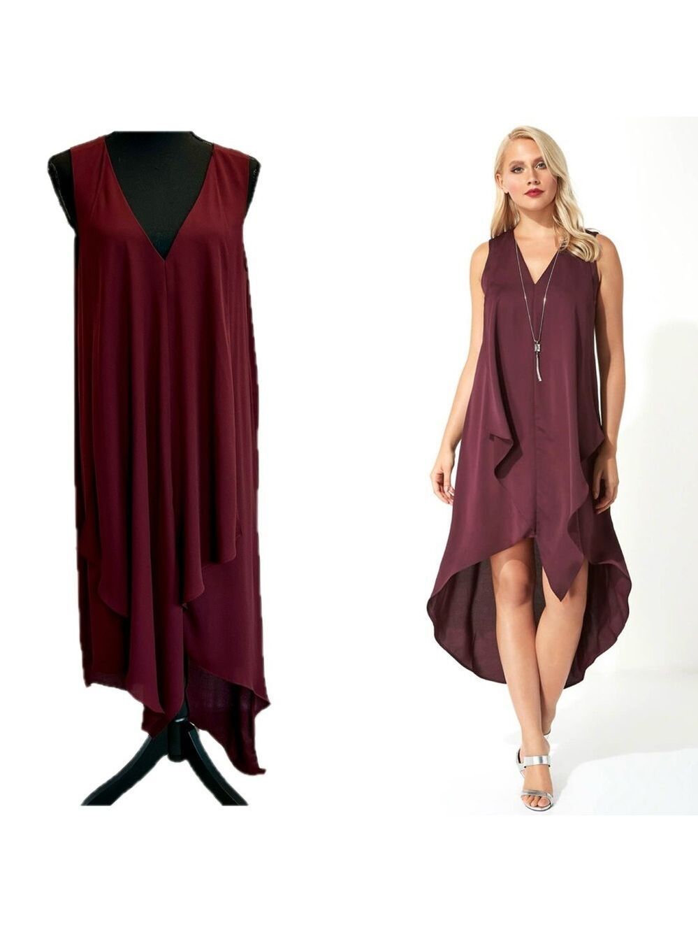 RW&CO burgundy red sleeveless V-neck layered tiered high low asymmetrical dress
